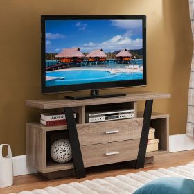 Contemporary Dark Taupe TV Stand with Two-Tier Shelving & Storage Drawers Ideal for Media Accessories