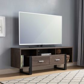 Sleek Walnut Oak & Black TV Stand with Two Drawers and Five Shelves for Organizing Your Media Center