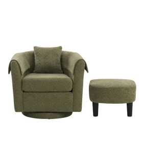 Swivel Accent Chair with Ottoman Set, Modern Chenille Barrel Armchair with Removable Back Pillow & 2 Armrest Covers for Living Room, Bedroom, Office (Main Material: Chenille, Main Color: Green)