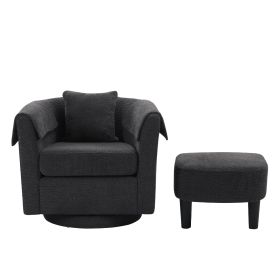 Swivel Accent Chair with Ottoman Set, Modern Chenille Barrel Armchair with Removable Back Pillow & 2 Armrest Covers for Living Room, Bedroom, Office (Main Material: Chenille, Main Color: Black)